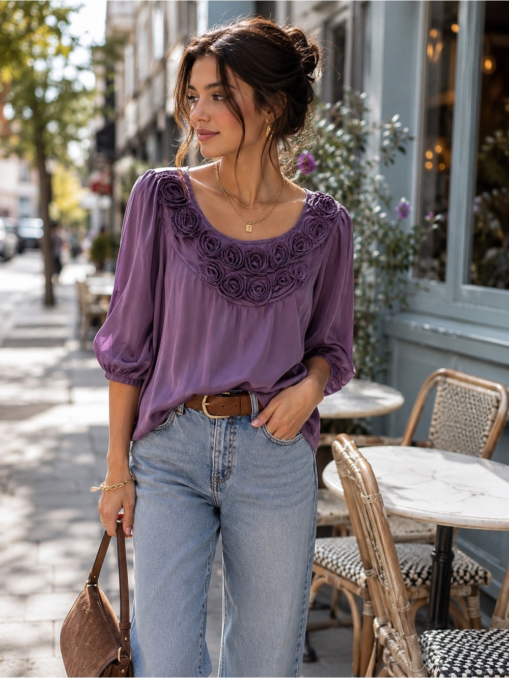 Cleo Cleo Lavender Purple Rosette Scoop-Neck Women's Blouse